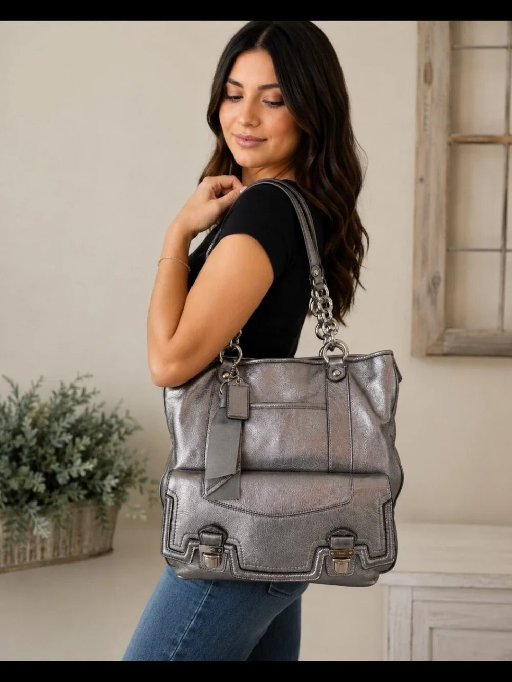 Coach Poppy Pushlock Metallic Leather Tote Y2K Silver Gray